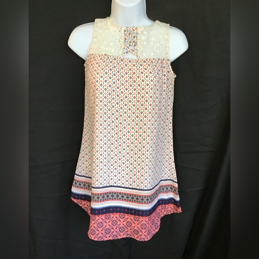 Eyeshadow Cream Lace Yoke Dres with Coral and Navy Border Print